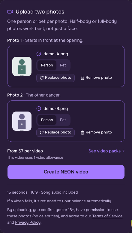 Example photos selected in the NEON video creator